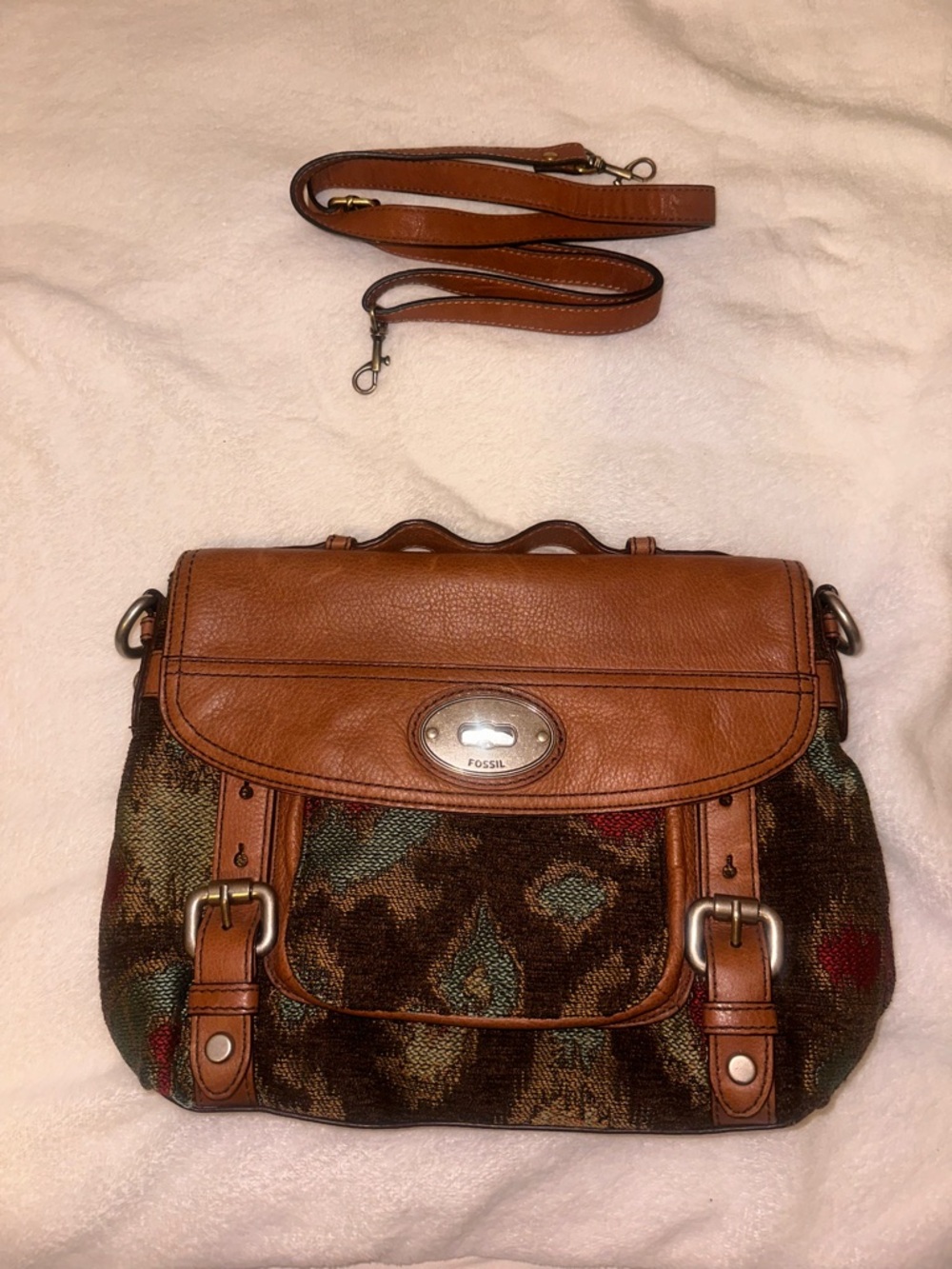 CLOSE OUT SALE Fossil Y2K Tapestry Maddox Satchel Leather Purse
